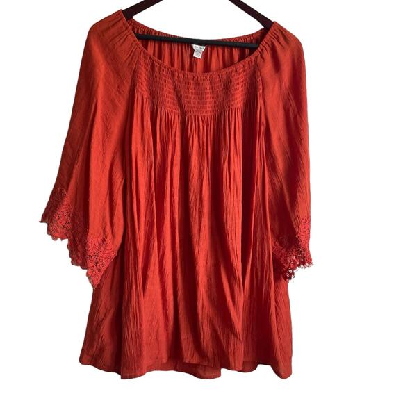 Cato Women Tunic‎ Top 18/20 Burnt Orange Lace Frayed Sleeve Gauzy Boho Workwear - Picture 1 of 9
